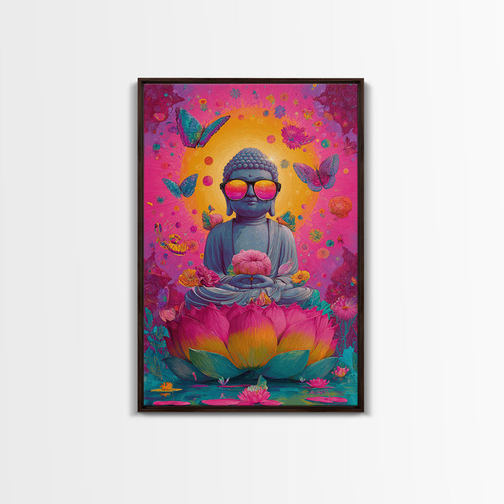 Futuristic Cityscape At Night With Neon Light Grid And Massive Pink Sun Vibrant Digital Artwork Canvas Print For Modern Office Decor