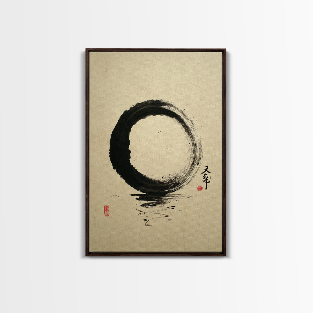 Elegant Minimalist Black Ink Enso Circle With Japanese Calligraphy Wall Art Print Framed Canvas Print For Modern Home Decor