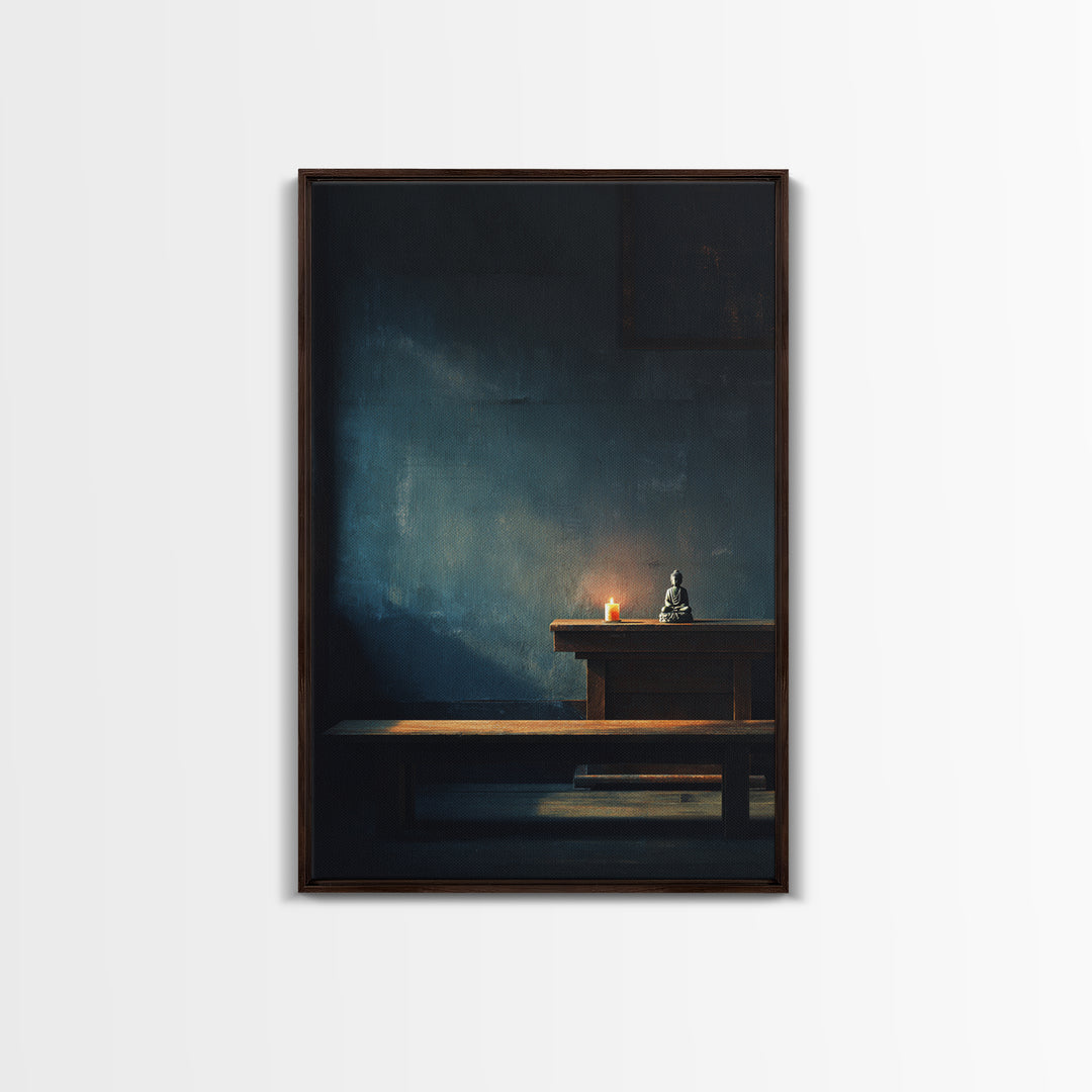 Serene Zen Meditation Room Wall Art Print With Buddha Statue And Candle Framed Canvas Print Minimalist Home Decor Tranquil Wall Art