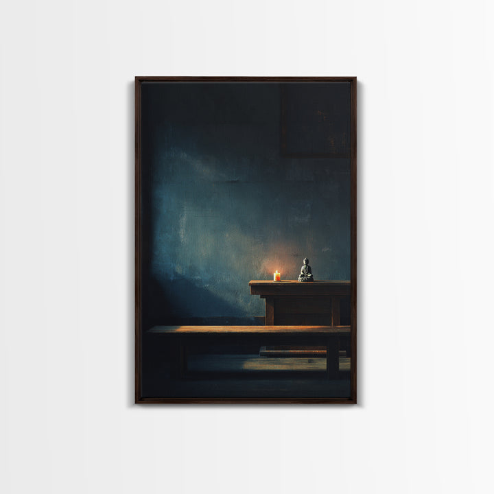 Serene Zen Meditation Room Wall Art Print With Buddha Statue And Candle Framed Canvas Print Minimalist Home Decor Tranquil Wall Art