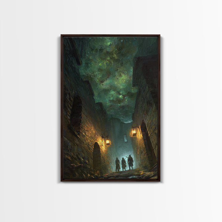Dark Fantasy Alley Under Green Sky Wall Art, Gothic Cityscape, Magical Night Poster, Dungeons And Dragons Decor, Gift For Gamer