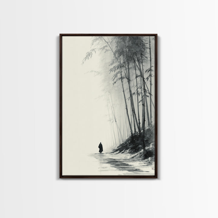 Minimalist Black And White Monochrome Painting Monk Walking In Bamboo Forest Wall Art Framed Canvas Print
