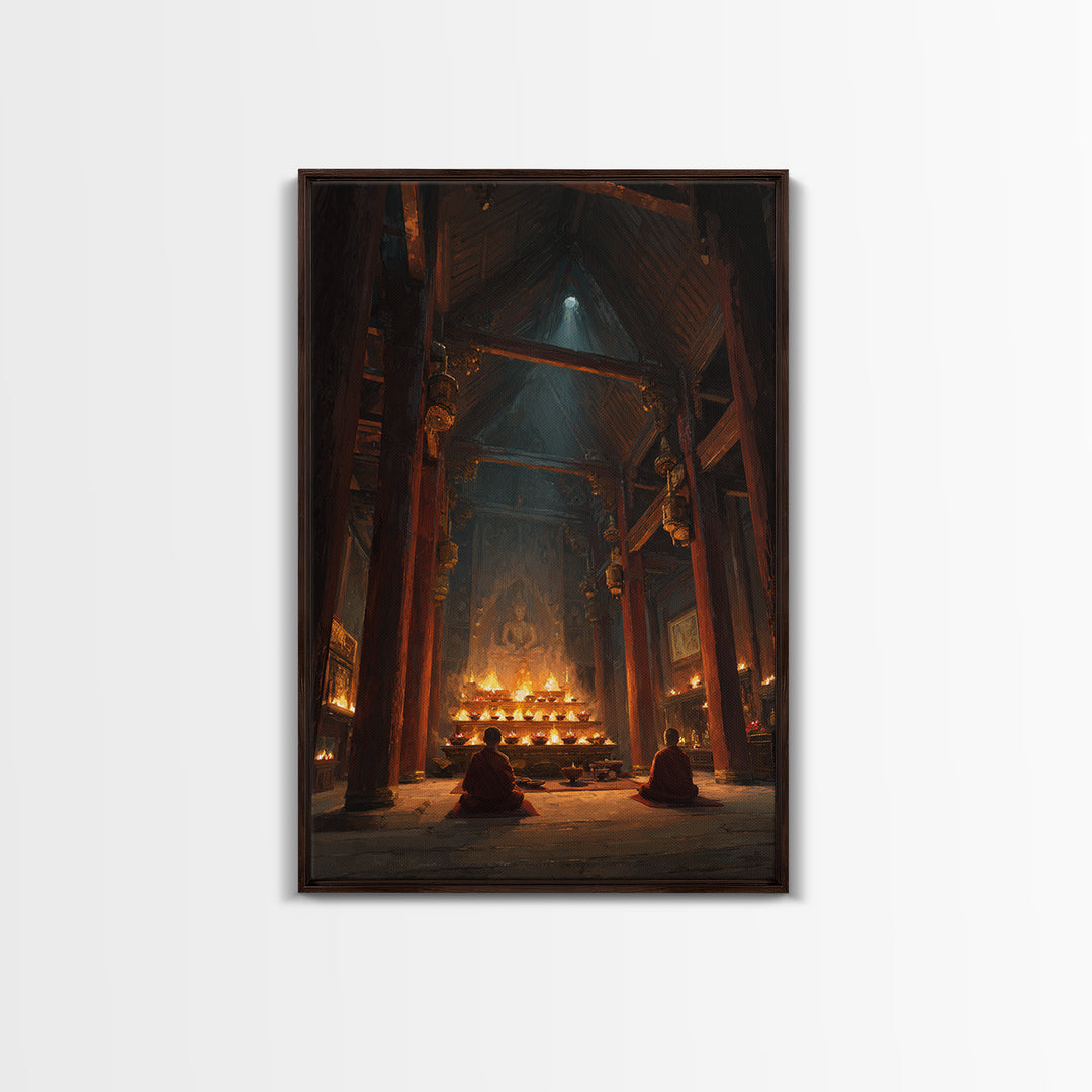 Ancient Temple Interior With Monks Meditating Spiritual Artwork Wall Art Framed Canvas Print For Meditation Room Decor