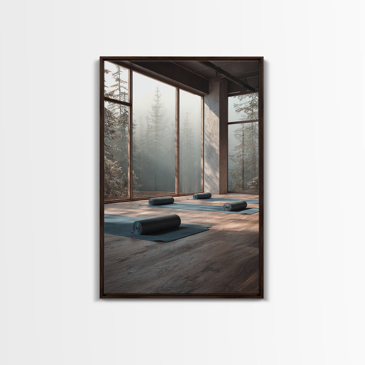 Tranquil Yoga Studio With Mountain View And Natural Light Wall Art Framed Canvas Print For Fitness And Wellness Spaces
