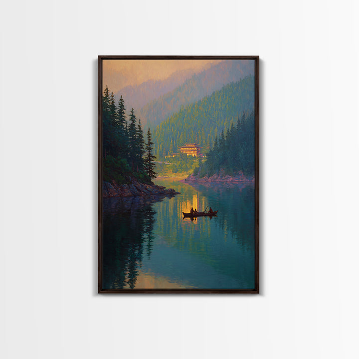 Serene Mountain Lake Landscape With Canoe Reflection Wall Art For Living Room Decor