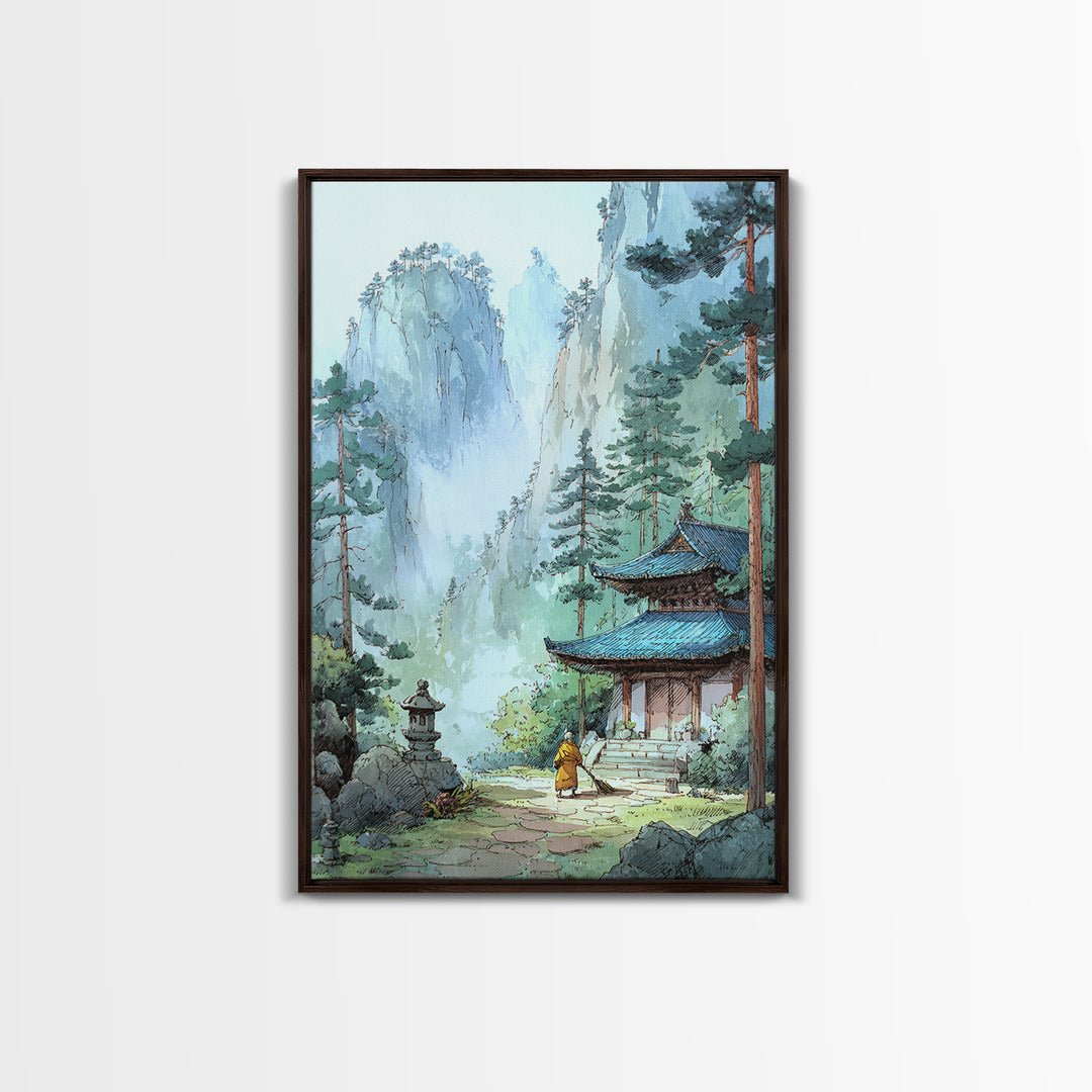 Serene Asian Temple Landscape With Misty Mountains And Lush Trees Wall Art Framed Canvas Print For Home Decor