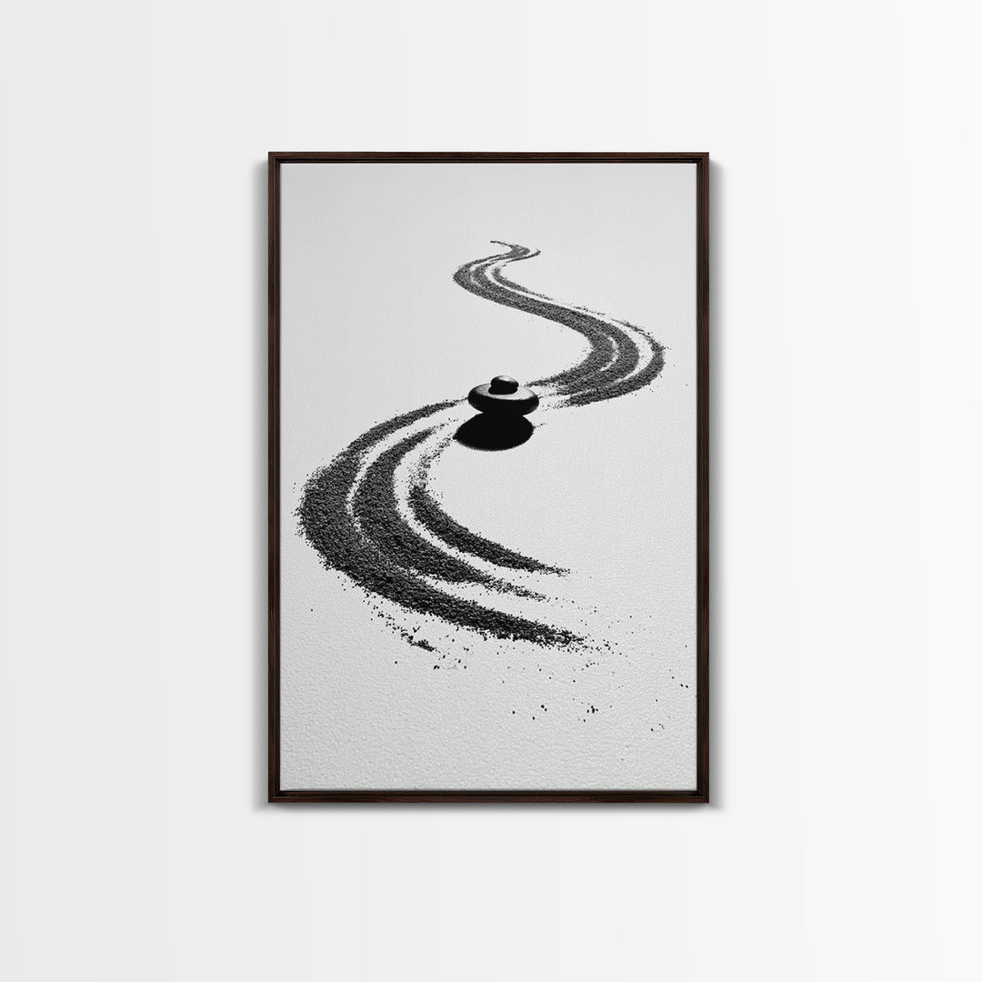 Zen Inspired Minimalist Sand And Stone Artwork Black And White Canvas Print For Modern Meditation Room Wall Art