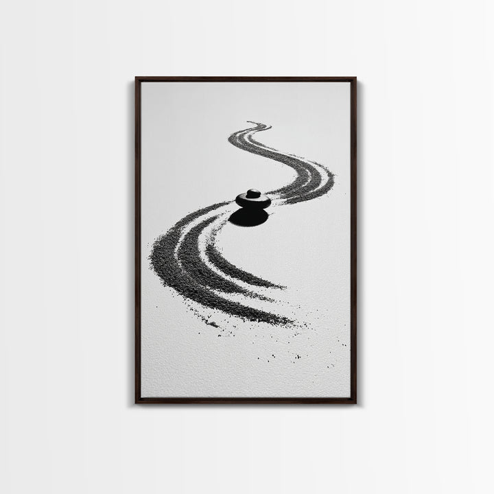 Zen Inspired Minimalist Sand And Stone Artwork Black And White Canvas Print For Modern Meditation Room Wall Art