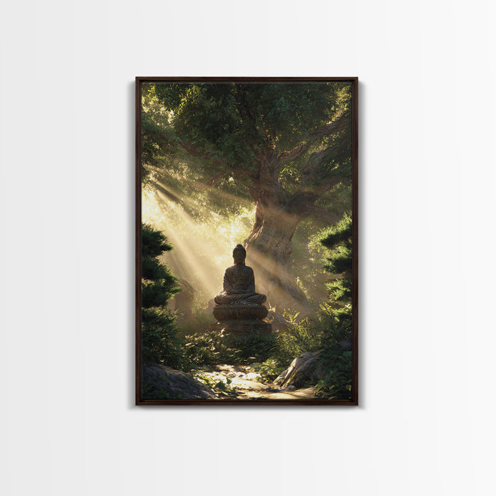 Buddha Statue Meditation Nature Sunbeams Forest Wall Art Canvas Print For Spiritual Home Decor Framed Art