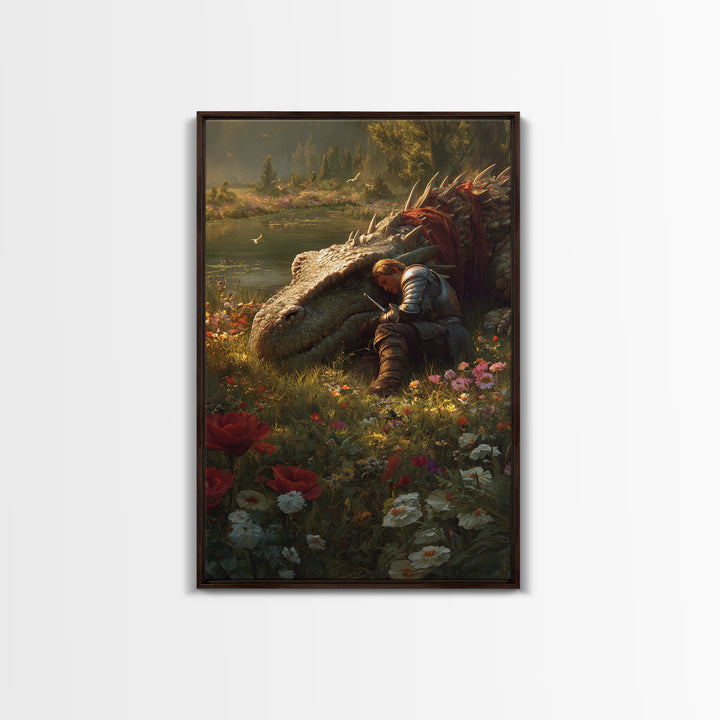 Sleeping Knight Beside Ancient Dragon Wall Art Fantasy Floral Meadow Canvas Print For Medieval Home Decor And Gift For Her