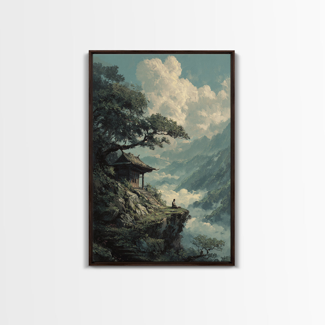 Tranquil Mountain Meditation Scene With Zen Garden Framed Canvas Print For Spiritual And Modern Home Wall Art Decor