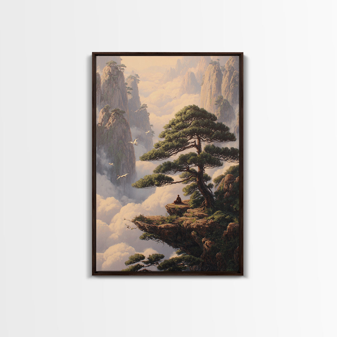 Meditative Man On Cliff Surrounded By Pines And Birds In Misty Mountains Wall Art Print For Tranquil Home Decor
