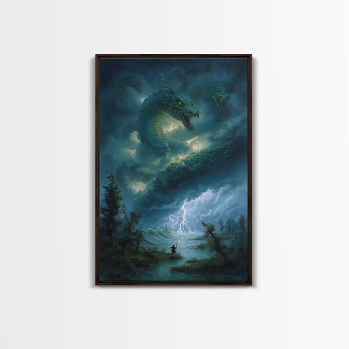 Three Headed Sea Hydra Storm Wall Art Fantasy Dragon Canvas Print For Gothic Decor Mythical Creature And Moody Office Art