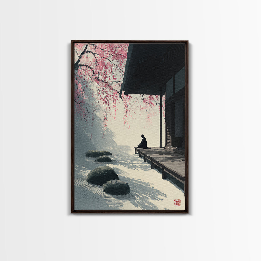Zen Garden With Meditating Figure And Sakura Blossoms Tranquil Wall Art Framed Canvas Print