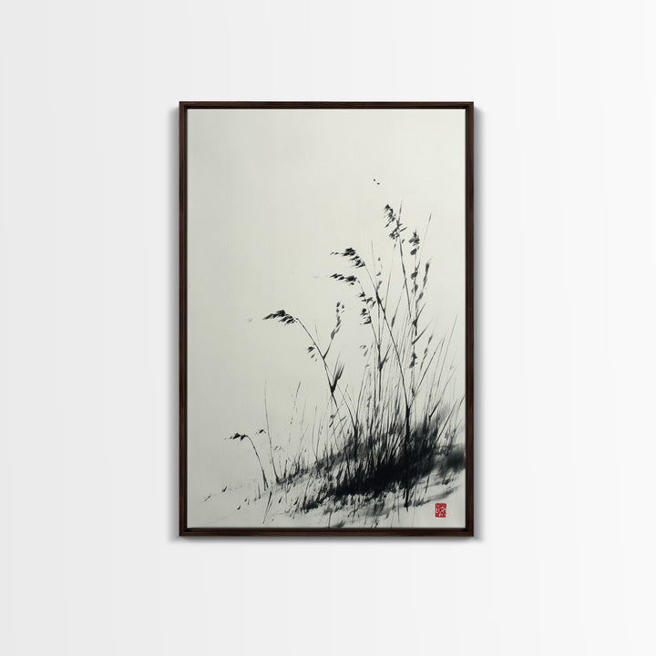 Elegant Black And White Ink Painting Of Windblown Grass Minimalist Wall Art Framed Canvas Print Natural Home Decor
