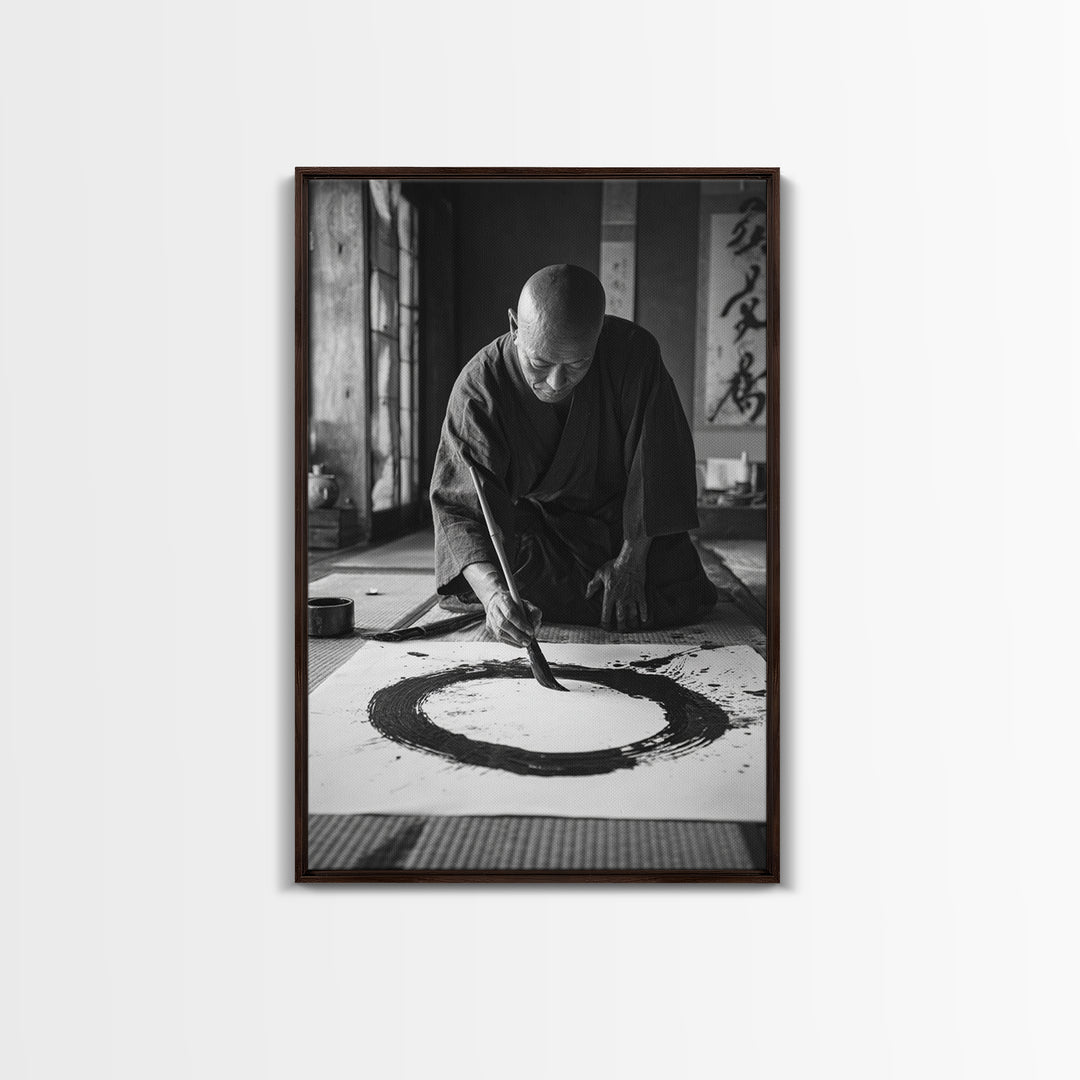 Black And White Fine Art Photography Of Japanese Calligraphy Artist Painting Circle Wall Art Framed Canvas Print