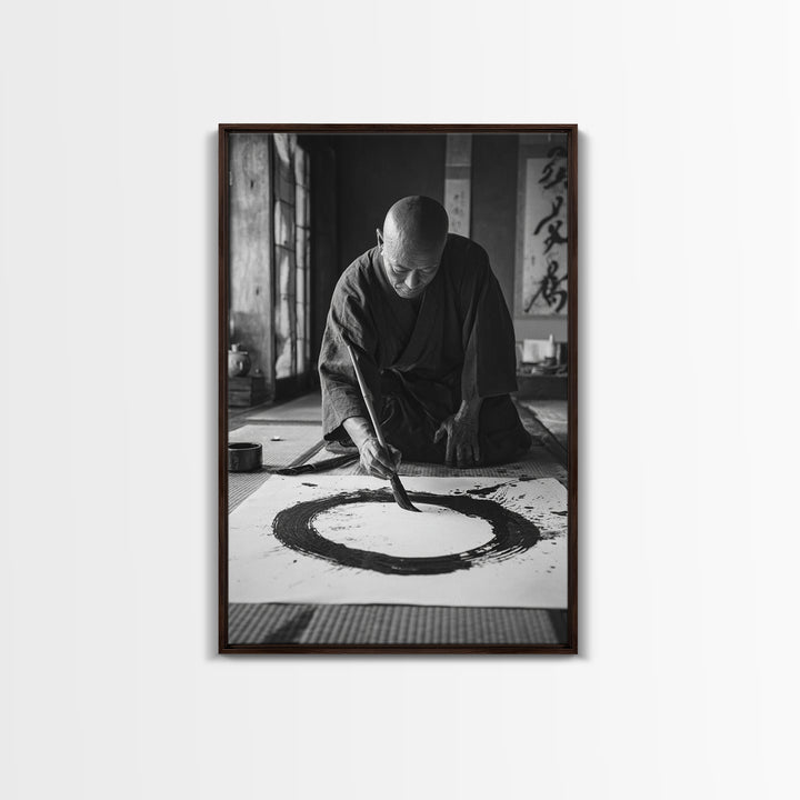 Black And White Fine Art Photography Of Japanese Calligraphy Artist Painting Circle Wall Art Framed Canvas Print