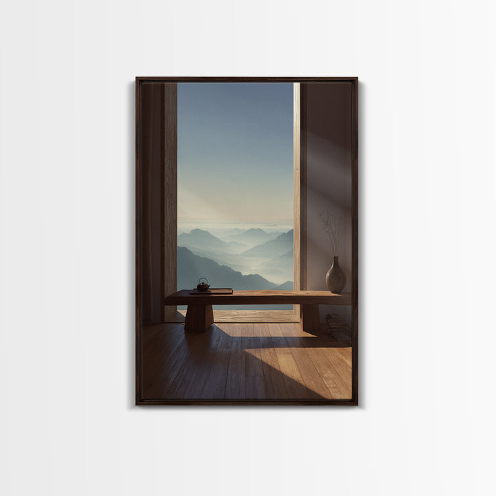 Serene Mountain Landscape from Window View Wall Art Canvas Print for Calm Minimalist Home and Office Decor