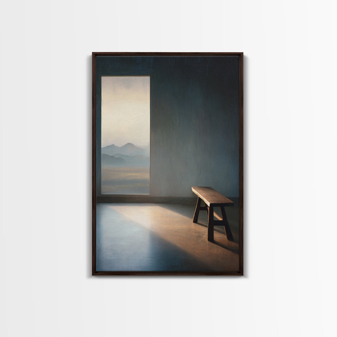 Peaceful Empty Room With Wooden Bench And Mountain View Window Oil Painting Wall Art Print Canvas Print For Minimalist Home Decor