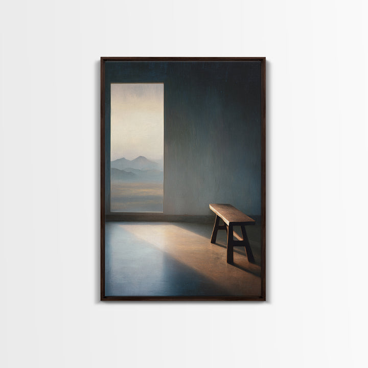 Peaceful Empty Room With Wooden Bench And Mountain View Window Oil Painting Wall Art Print Canvas Print For Minimalist Home Decor