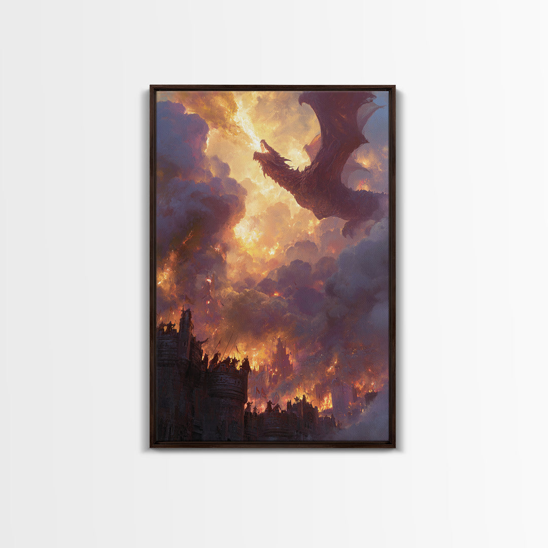 Red Dragon Above Burning Castle Wall Art Epic Fantasy Canvas Print For Gothic Decor Medieval Battle Art And Game Room Wall Decor