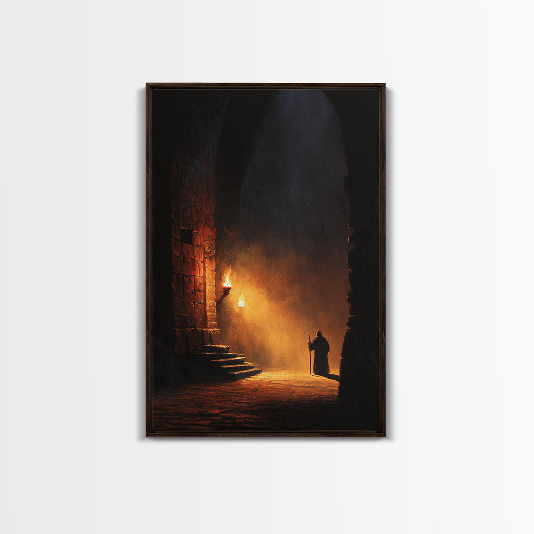 Torchlit Monk In Ancient Stone Arch Wall Art Dark Academia Canvas Print For Gothic Decor Medieval Hallway Art And Office