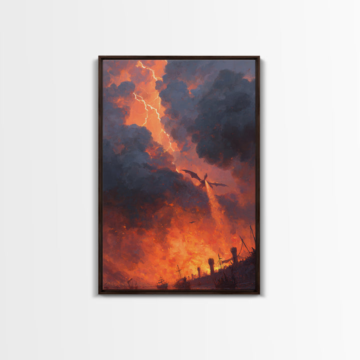 Fire Breathing Dragon Over Burning Battlefield Wall Art Epic Fantasy Canvas Print For Medieval Decor Gothic Game Room Wall Decor
