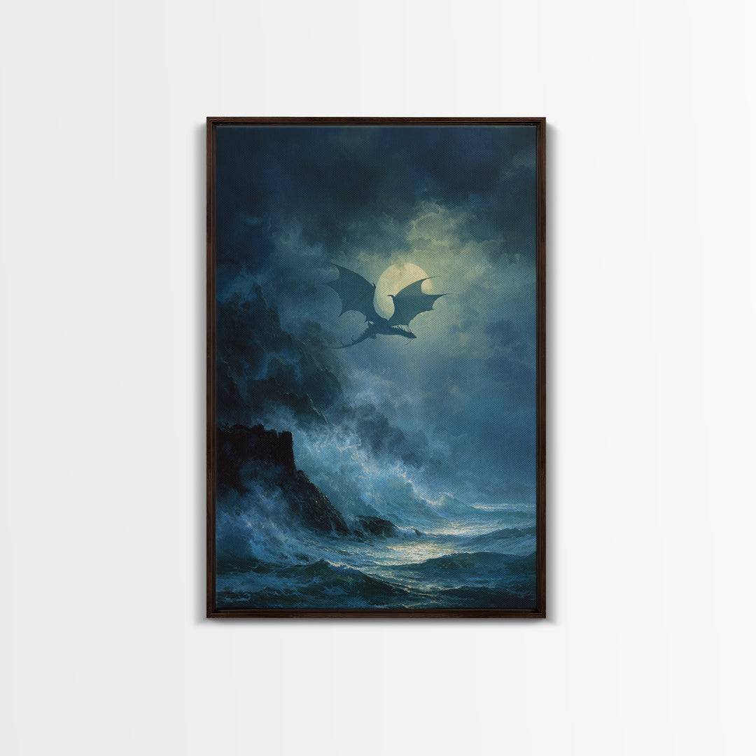 Moonlit Dragon Above Stormy Ocean Wall Art Gothic Seascape Canvas Print For Fantasy Decor Coastal Art And Moody Home Decor Gift For Him