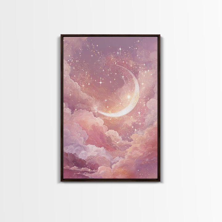 Glowing Crescent Moon Among Pink Clouds Wall Art, Celestial Canvas Print, Dreamy Nursery Decor, Whimsical Bedroom Art, Gift For Her