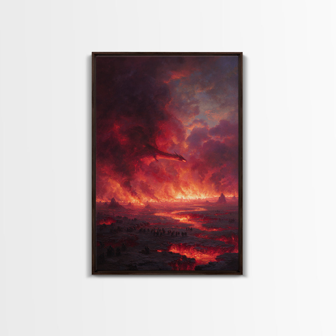 Fiery Dragon Apocalypse Landscape Wall Art, Dark Fantasy Canvas Decor, Gothic Medieval Battle, Large Fantasy Art Print Poster