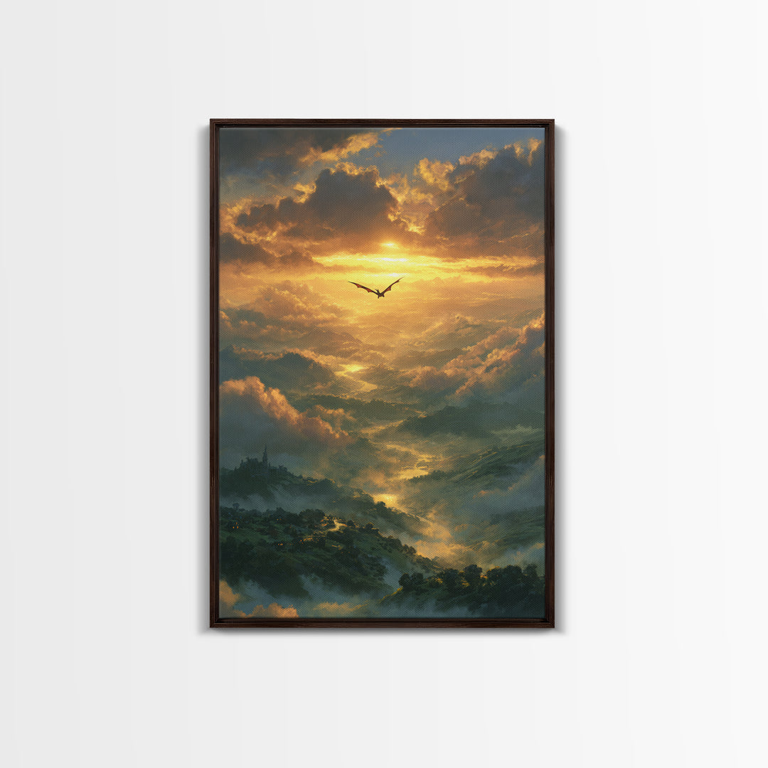 Golden Dragon Above Misty Valley Framed Canvas Print, Fantasy Landscape Wall Decor, Epic Castle Art For Living Room Home Decor