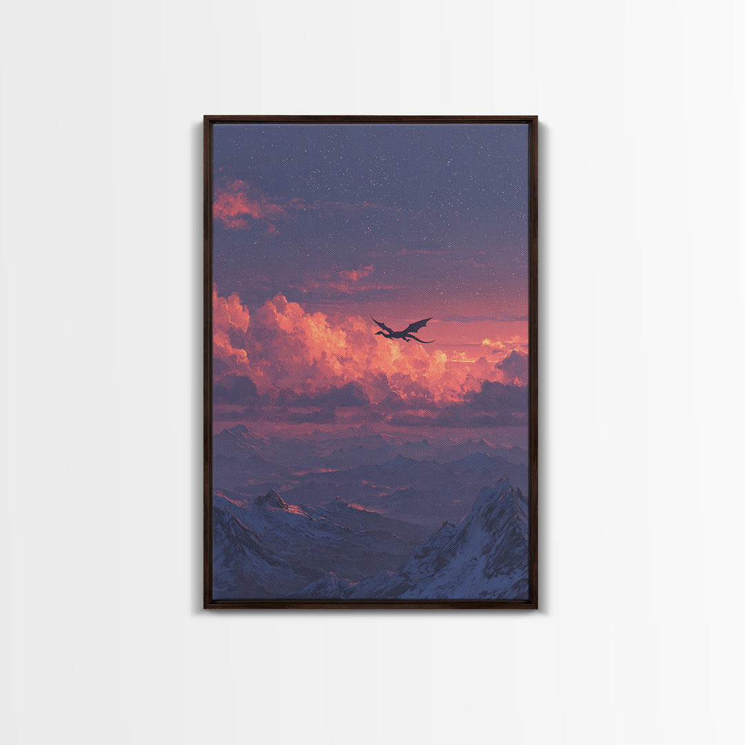 Starry Pink Cloud Dragon Over Snowy Peaks Canvas Print, Fantasy Mountain Wall Art, Dreamy Celestial Bedroom And Nursery Decor