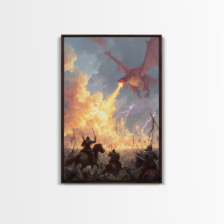 Fire Breathing Dragon Over Medieval Army Wall Art, Epic Fantasy Battle Canvas Decor, Gothic Castle Gift For Him, Man Cave Decor