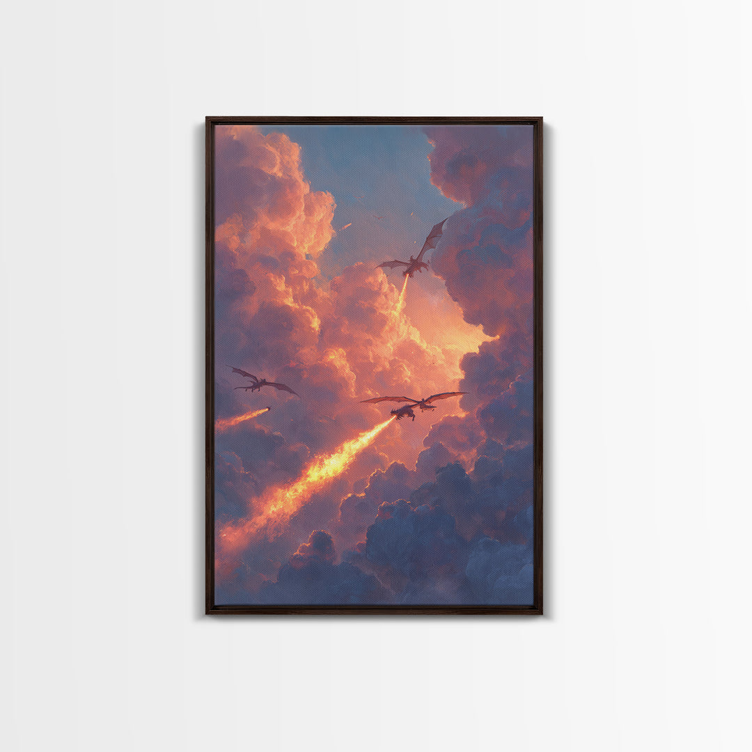 Dragons Breathing Fire Through Sunset Clouds Canvas Print, Fantasy Sky Wall Art, Vibrant Large Statement Living Room Home Decor