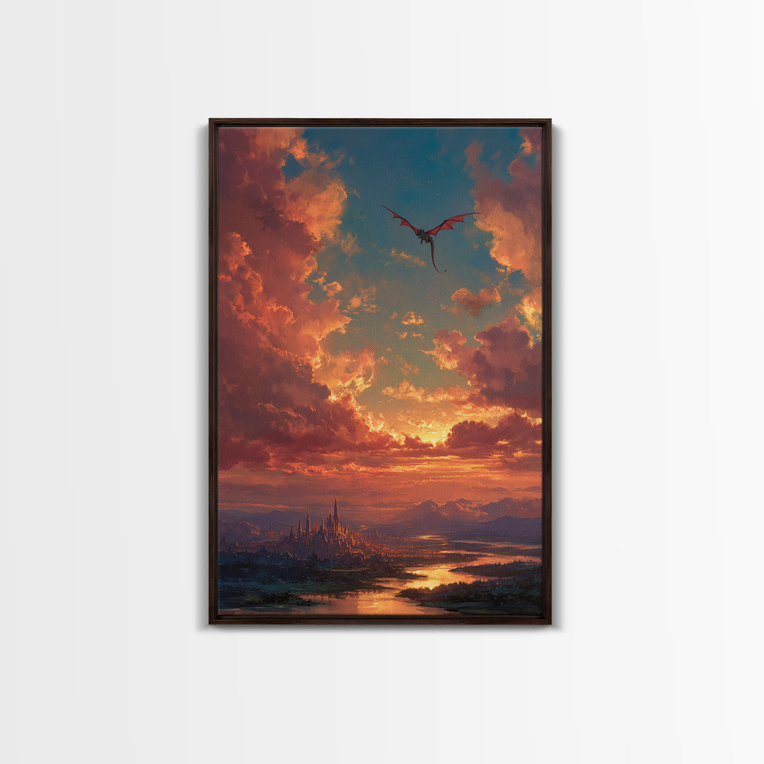 Sunset Dragon Above Spired City Framed Canvas Print, Fantasy Landscape Wall Art, Castle Decor For Living Room, Epic Home Decor