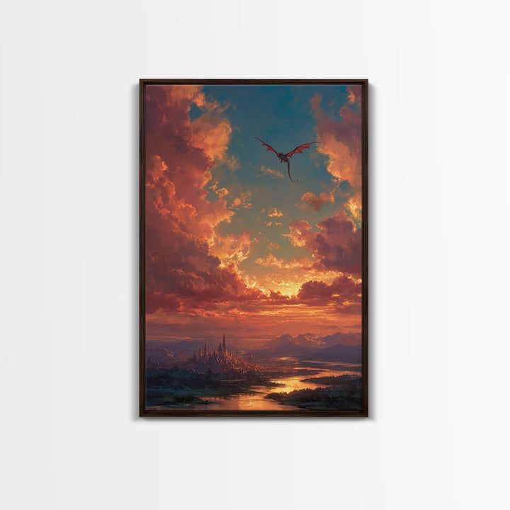 Sunset Dragon Above Spired City Framed Canvas Print, Fantasy Landscape Wall Art, Castle Decor For Living Room, Epic Home Decor