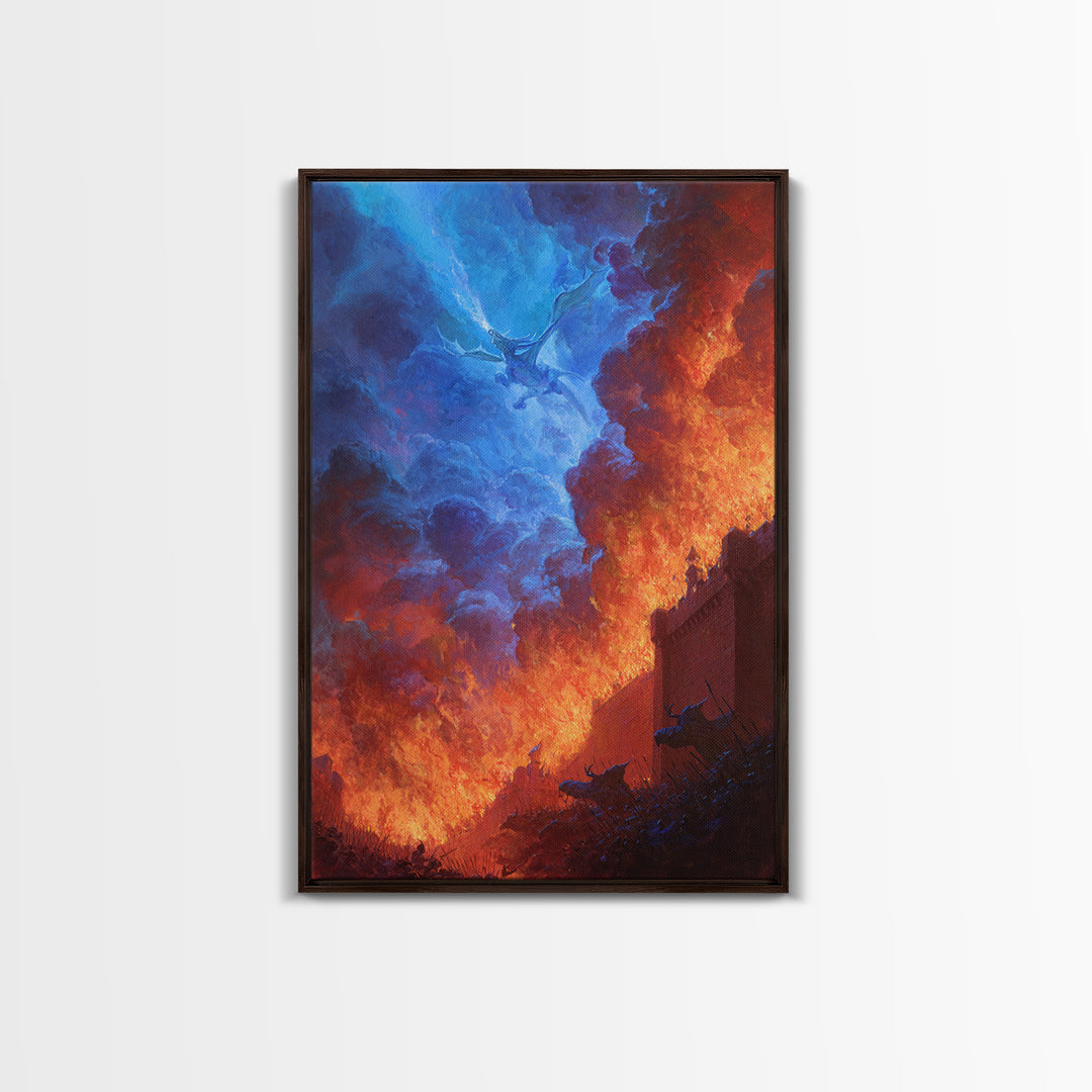 Blue Fire Dragon Siege At Burning Fortress Wall Art, Dark Fantasy Canvas Decor, Gothic Battle Large Art Print Poster For Man Cave