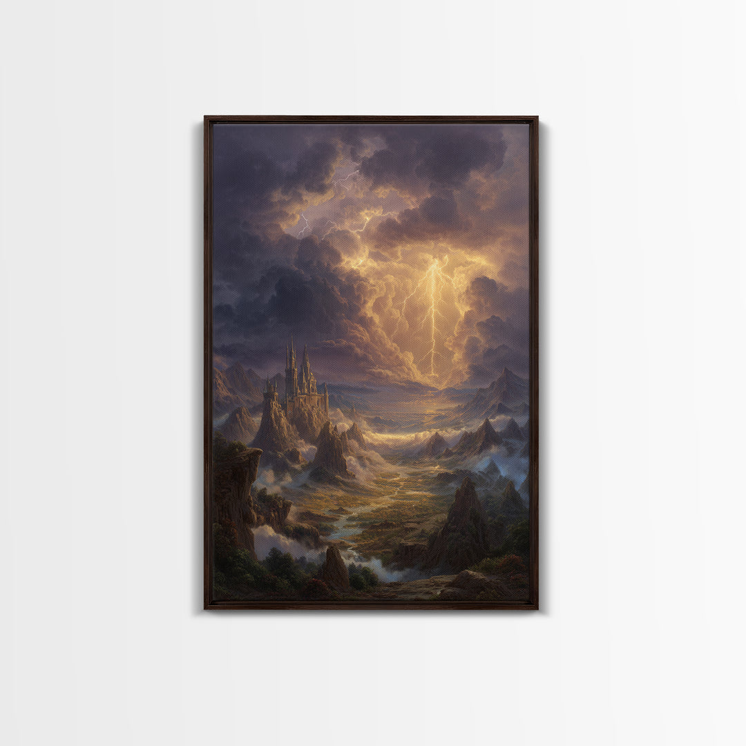 Lightning Storm Over Fantasy Castle Framed Canvas Print, Epic Mountain Landscape Wall Art, Moody Gothic Office Home Decor