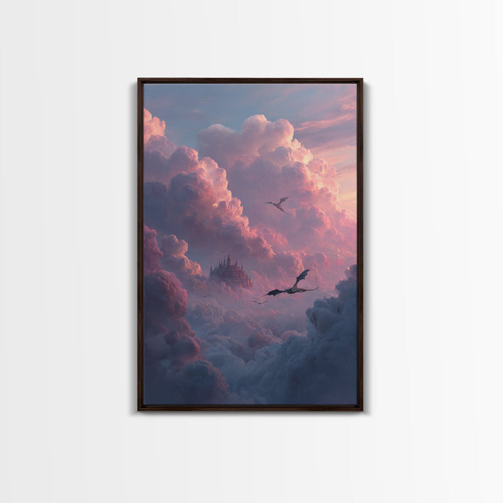 Pink Cloud Castle With Flying Dragons Canvas Print, Dreamy Fantasy Wall Art, Soft Pastel Celestial Nursery And Bedroom Decor