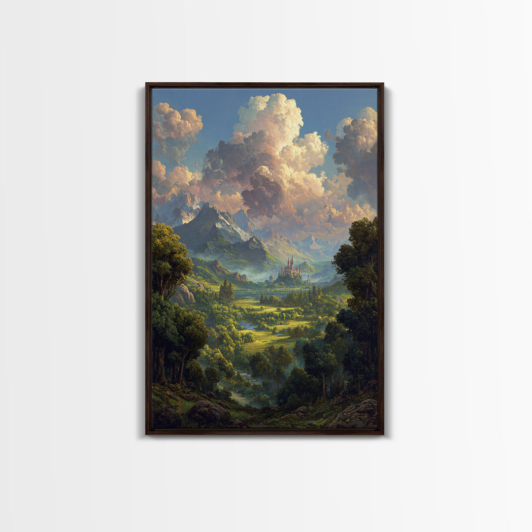 Lush Fantasy Valley With Distant Castle Wall Art, Mountain Landscape Canvas Print, Nature Decor For Living Room, Large Home Decor
