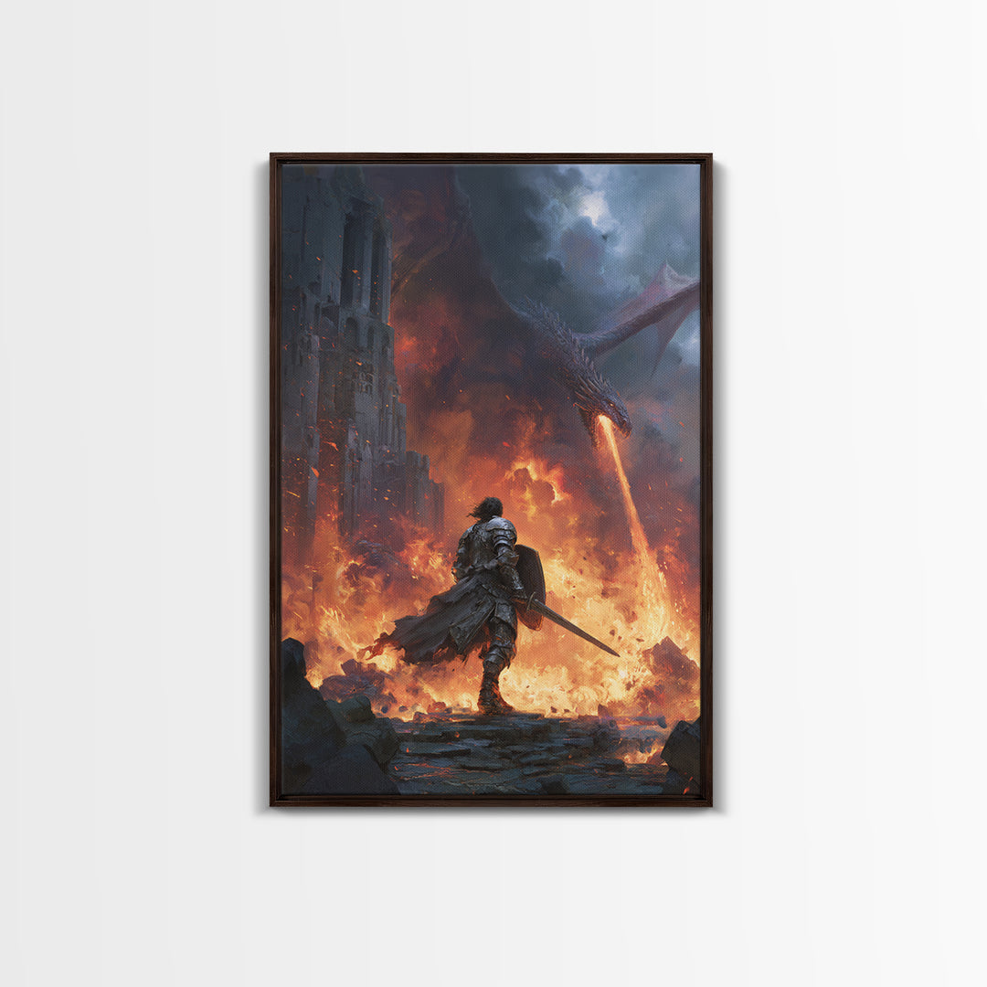Dragon Battle Knight In Burning Castle Wall Art, Fantasy Warrior Canvas, Dark Medieval Decor, Epic Gothic Gift Print For Him
