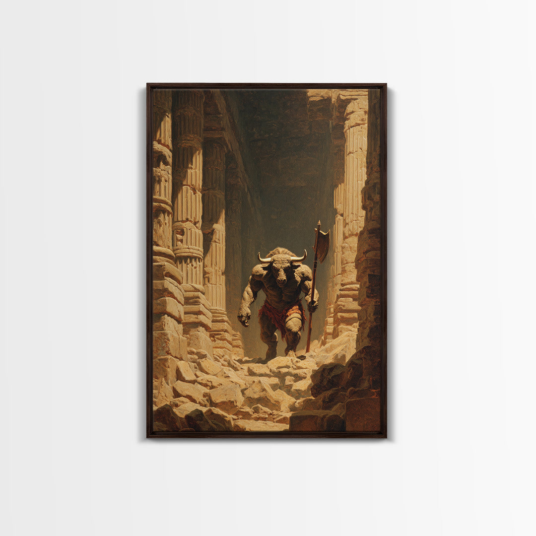 Minotaur In Ancient Ruins Framed Canvas Print, Mythological Art, Dark Fantasy Decor, Greek Myth Wall Decor Gift For Him Home Decor