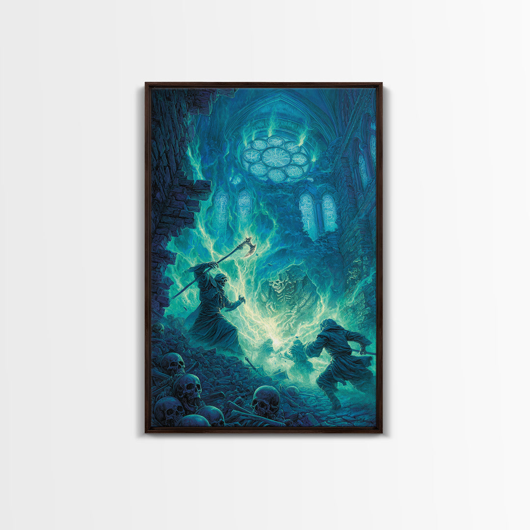 Necromancer In Haunted Cathedral Canvas Print, Dark Fantasy Wall Art, Gothic Magic Decor, Skeleton Horror Gift For Him Print