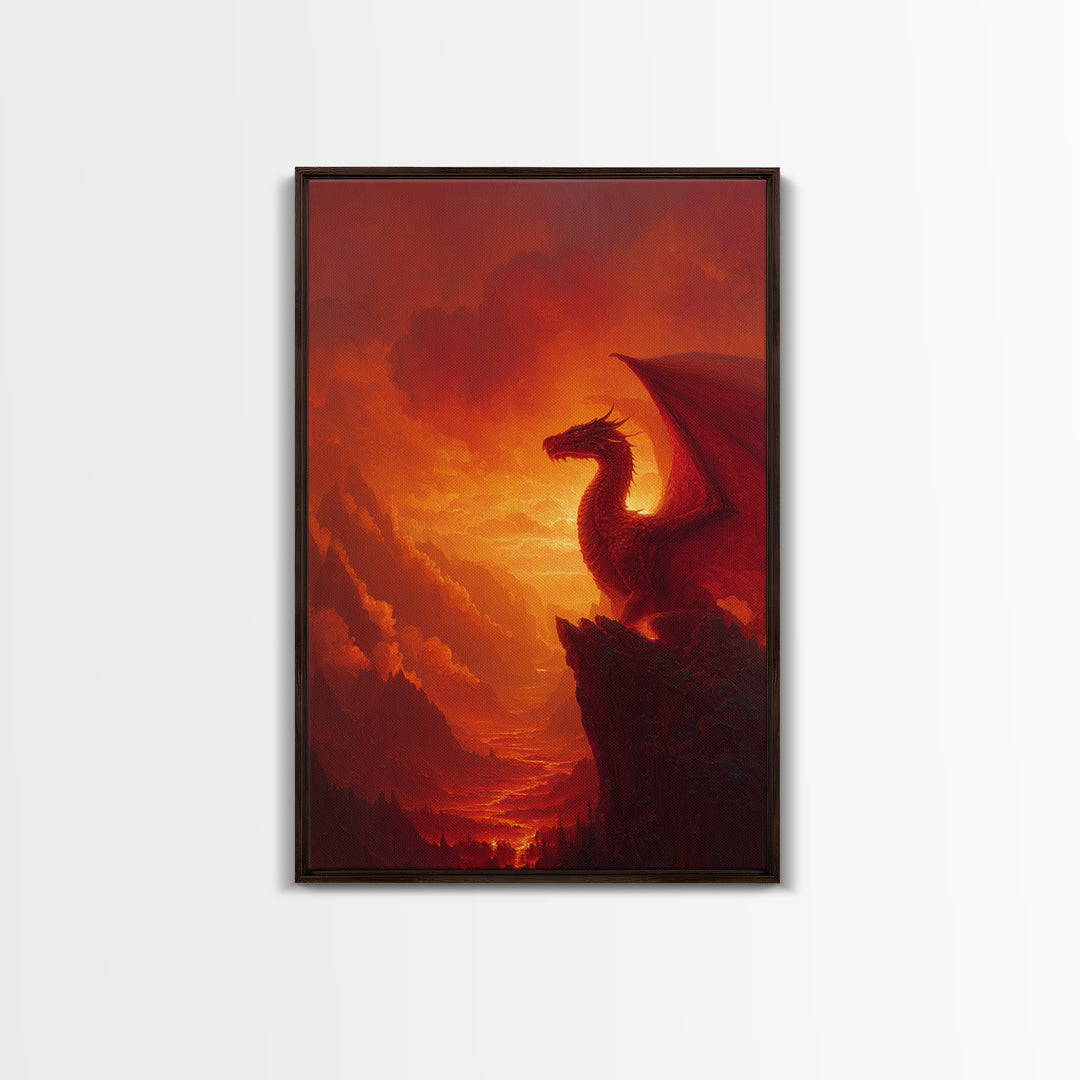 Red Dragon On Mountain Cliff Wall Art, Fantasy Landscape Canvas Print, Sunset Painting, Medieval Castle Decor Gift For Him Home Decor