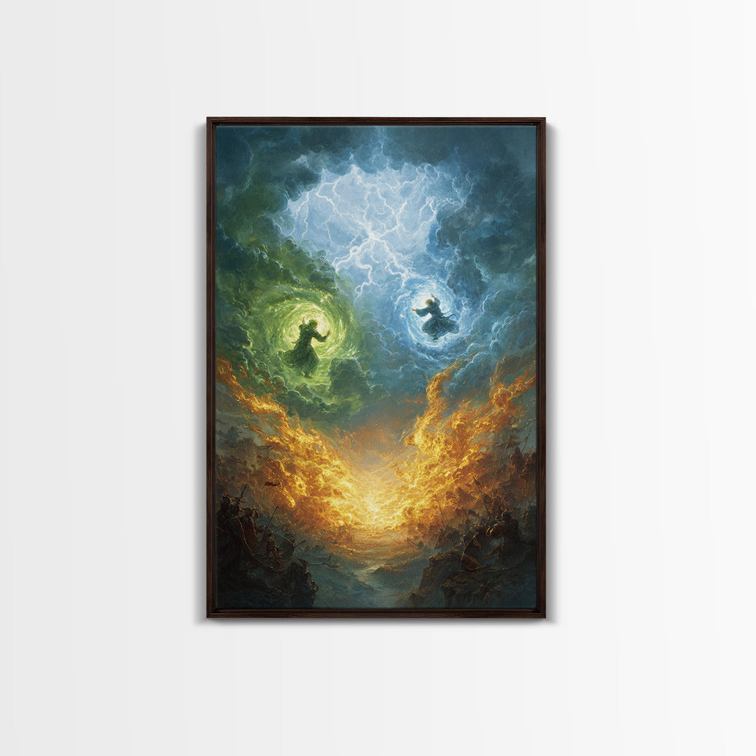 Elemental Wizards In Stormy Sky Wall Art, Fantasy Magic Canvas Print, Lightning Battle, Mystical Decor Gift For Him Home Decor