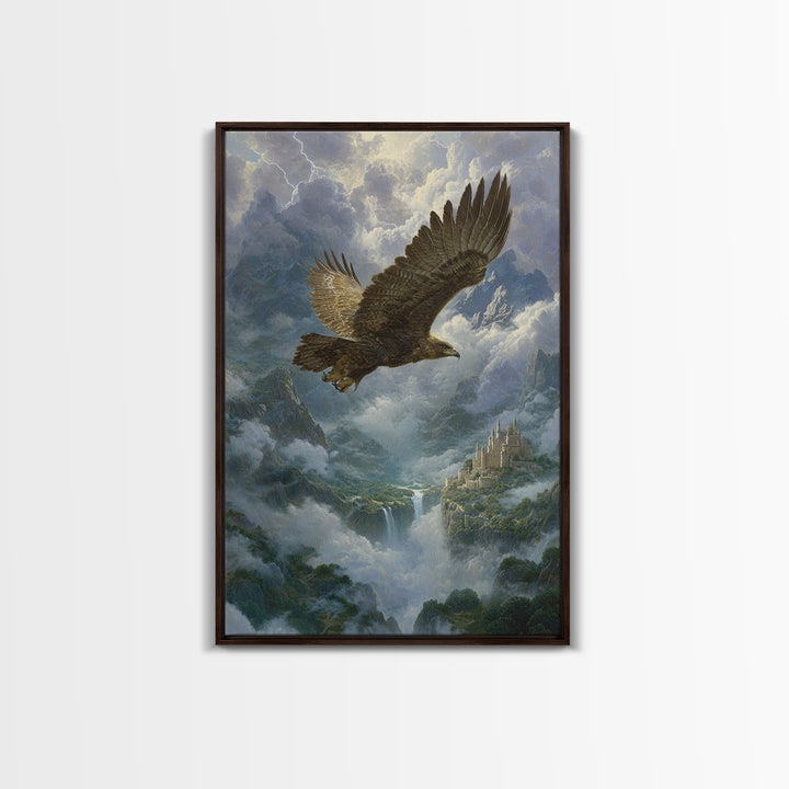 Majestic Eagle Over Misty Mountain Castle Wall Art, Wildlife Landscape Canvas Print, Fantasy Nature Decor Gift For Him Home Decor