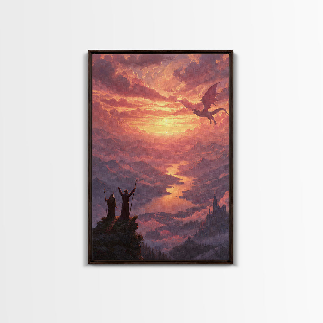 Wizards Watching Dragon Over Sunset Valley Wall Art, Fantasy Landscape Canvas Print, Magical Castle Decor Gift For Him Home Decor