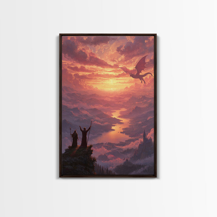 Wizards Watching Dragon Over Sunset Valley Wall Art, Fantasy Landscape Canvas Print, Magical Castle Decor Gift For Him Home Decor