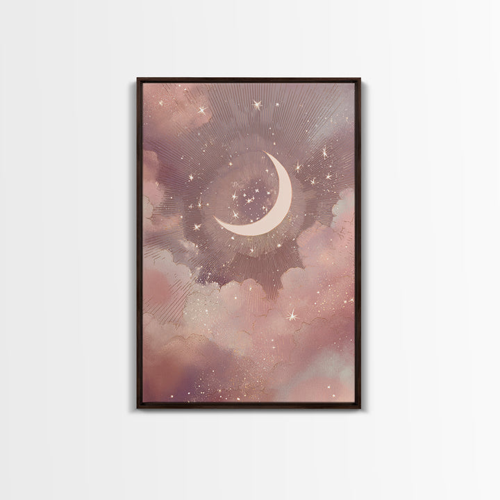 Crescent Moon And Starry Pink Clouds Wall Art, Celestial Canvas Print, Whimsigoth Bedroom Decor, Mystical Nursery Art, Gift For Her