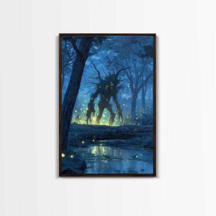 Glowing Forest Spirit At Moonlit Creek Wall Art, Fantasy Forest Canvas, Mystical Woodland Decor, Dark Fairy Tale Art Print